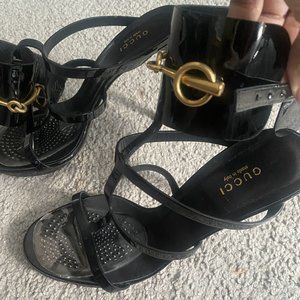 Gucci Ursula Patent Ankle-Wrap Cage Sandal, Black